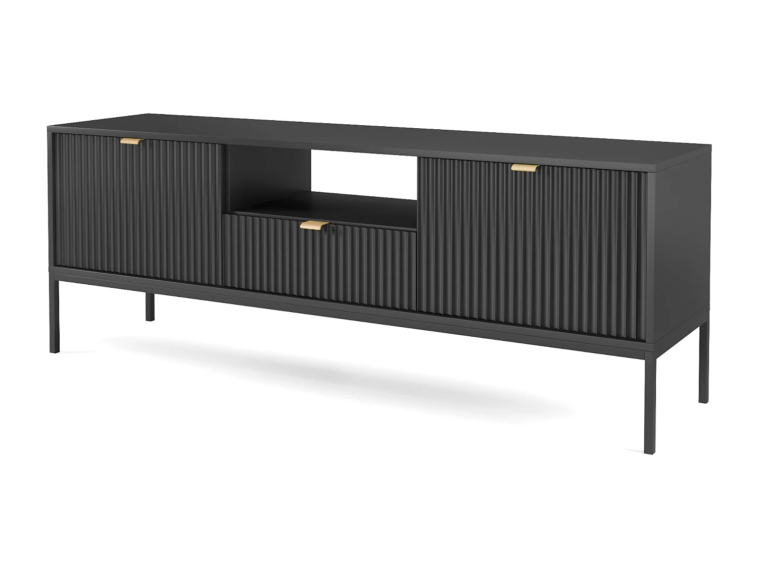 Meuble TV Geriffelt NOVA Poignées dorées 2 portes, tiroir, étagère 154x56x39cm, Façade noire, Cadre couleur NOIR