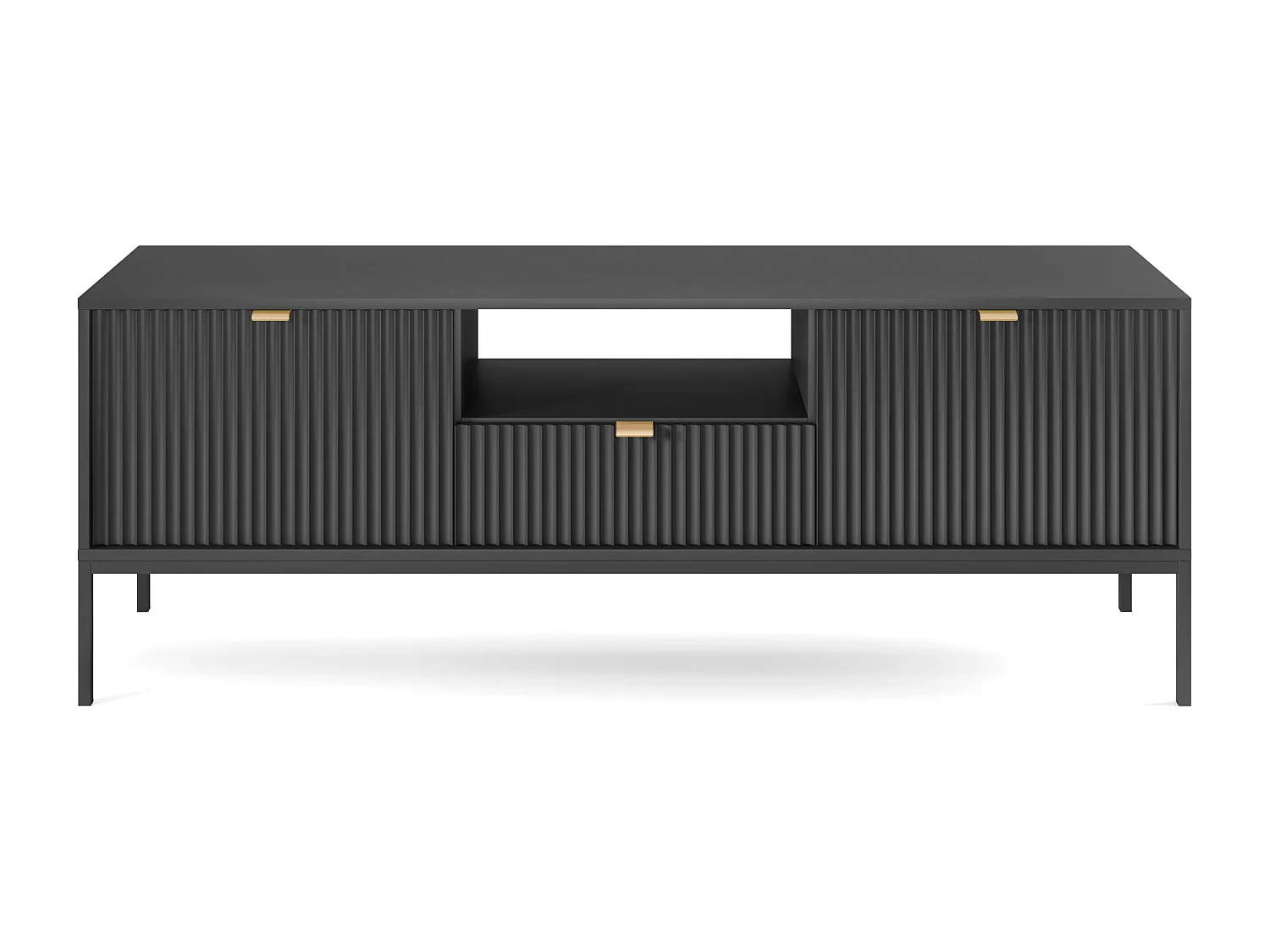 Meuble TV Geriffelt NOVA Poignées dorées 2 portes, tiroir, étagère 154x56x39cm, Façade noire, Cadre couleur NOIR