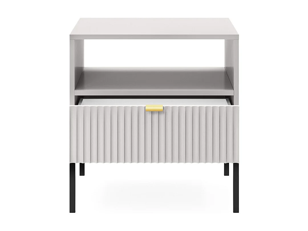 Stolik Nocny Elegancki Nova – Design z złotym uchwytem, fasada Geriffelt, praktyczny i nowoczesny, 54x56x39 cm, matowy szary, czarne metalowe nogi