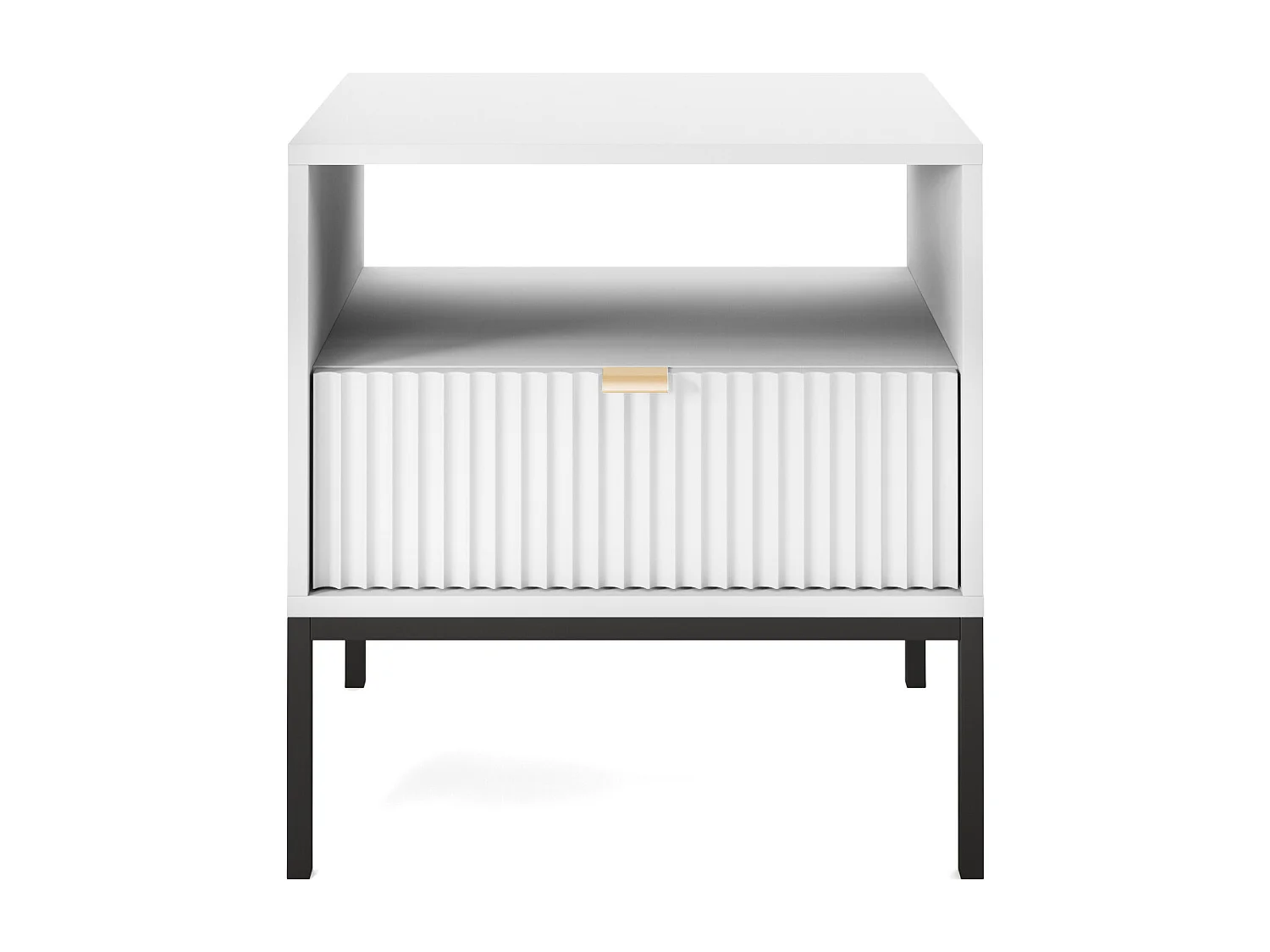 Elegante nachttafel Nova – Ontwerp met gouden handgreep, Geriffelde voorkant, Praktisch & Modern, 54x56x39 cm, Mat wit, Zwarte metalen poten