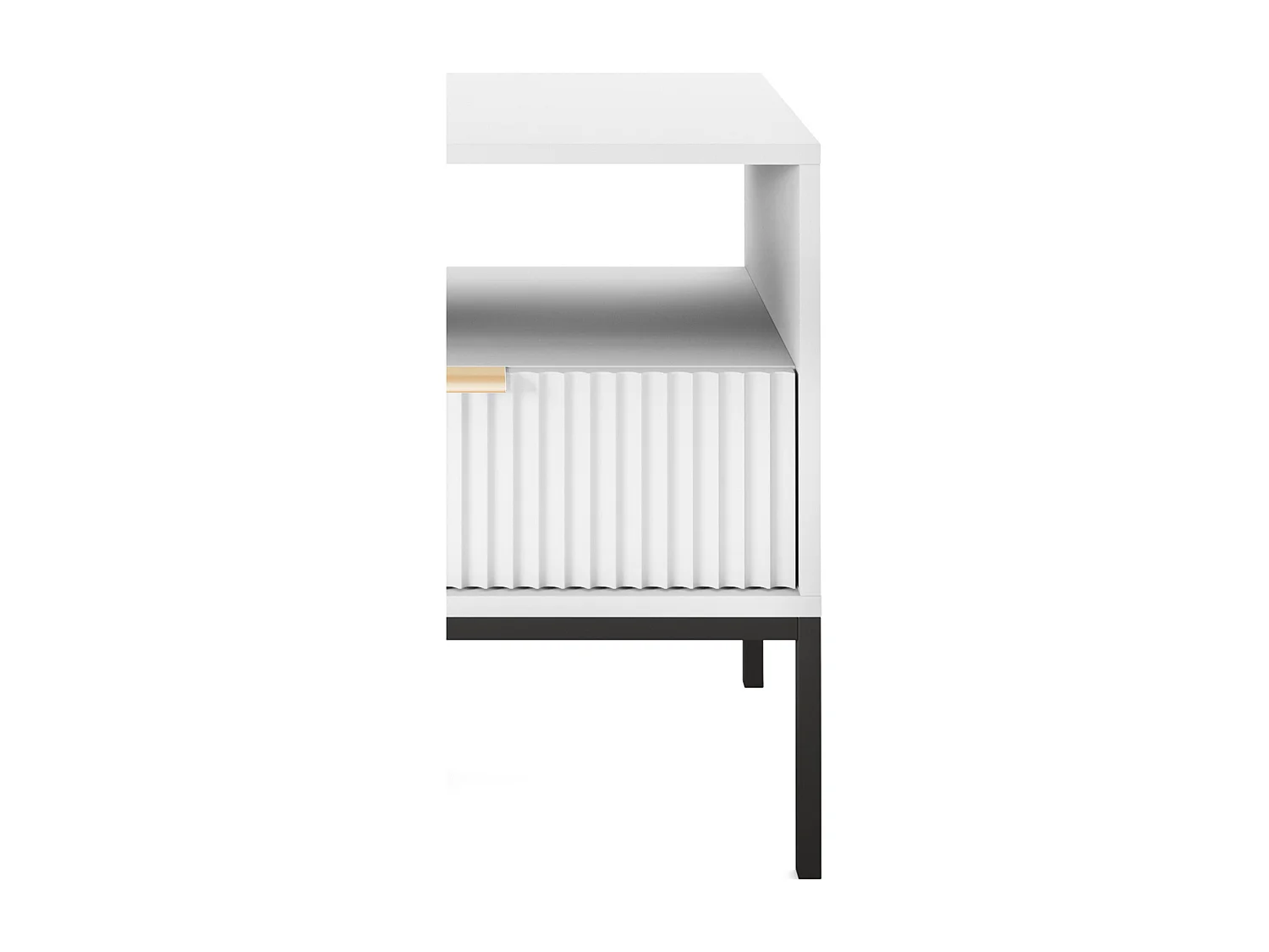 Elegante nachttafel Nova – Ontwerp met gouden handgreep, Geriffelde voorkant, Praktisch & Modern, 54x56x39 cm, Mat wit, Zwarte metalen poten