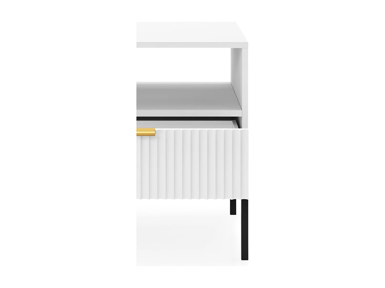 Elegante nachttafel Nova – Ontwerp met gouden handgreep, Geriffelde voorkant, Praktisch & Modern, 54x56x39 cm, Mat wit, Zwarte metalen poten