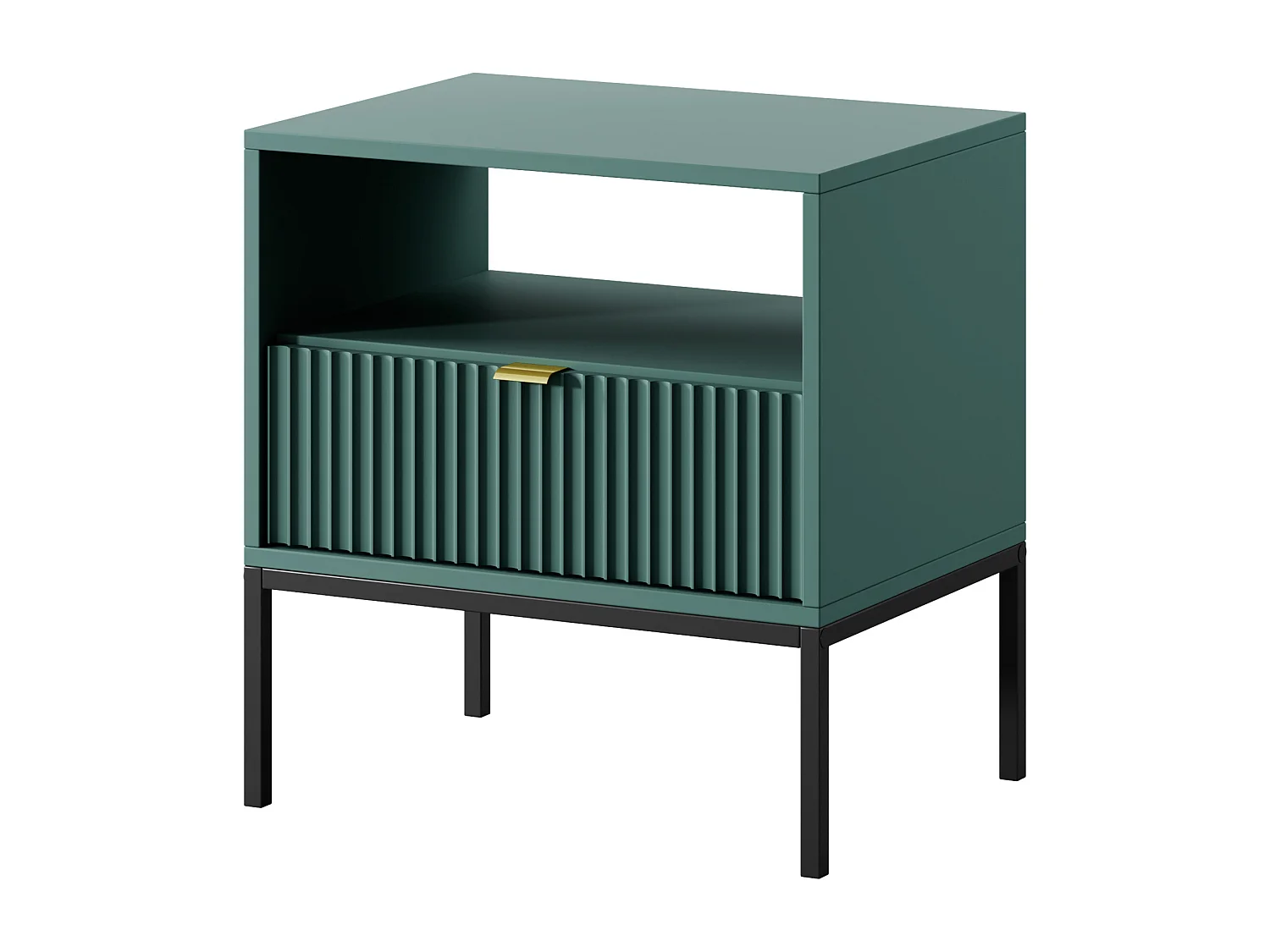 Table de Nuit Élégante Nova – Design avec poignée dorée, Façade Geriffelt, Pratique & Moderne, 54x56x39 cm, Labrador mat, Pieds métal noirs