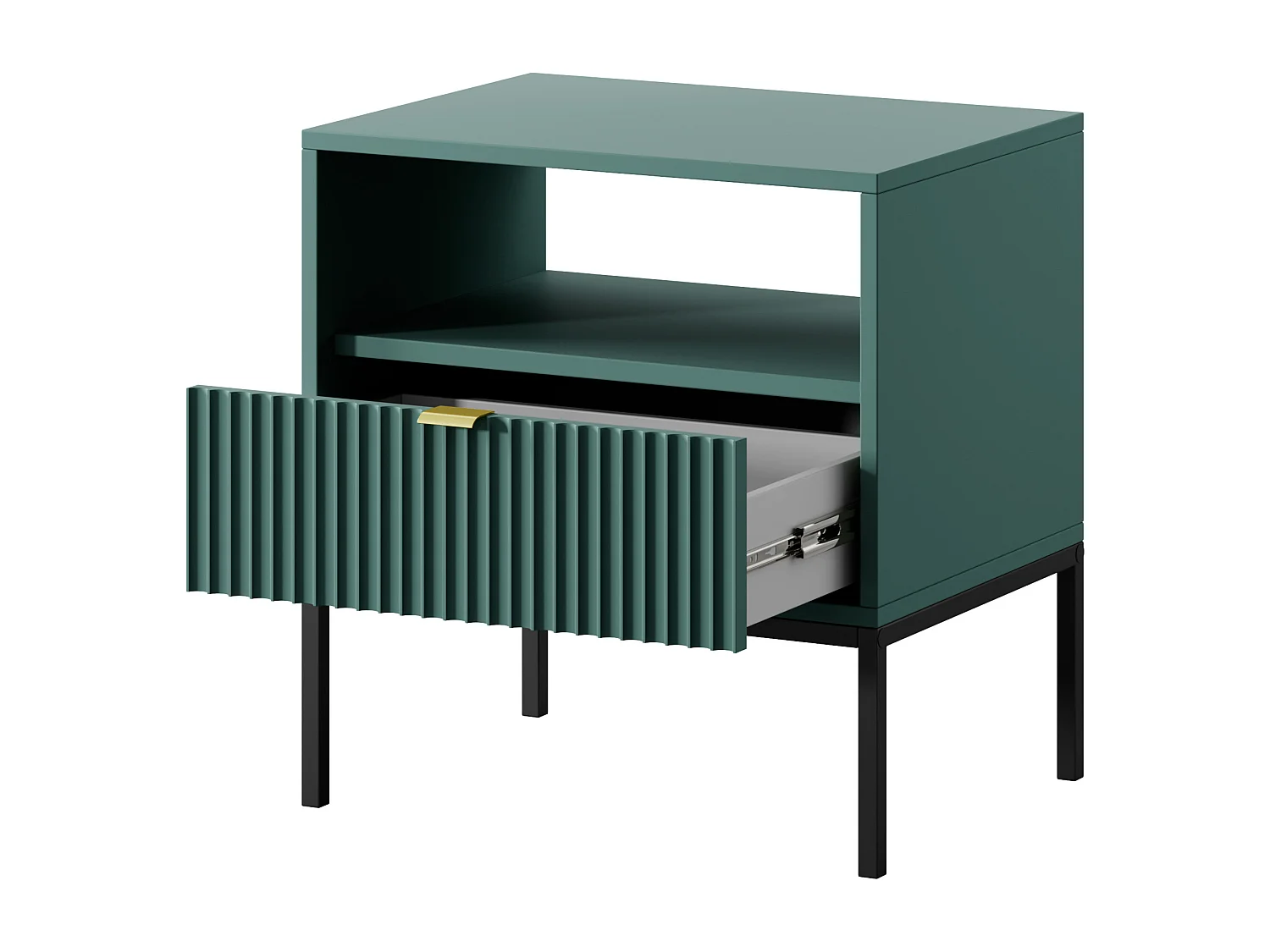 Table de Nuit Élégante Nova – Design avec poignée dorée, Façade Geriffelt, Pratique & Moderne, 54x56x39 cm, Labrador mat, Pieds métal noirs