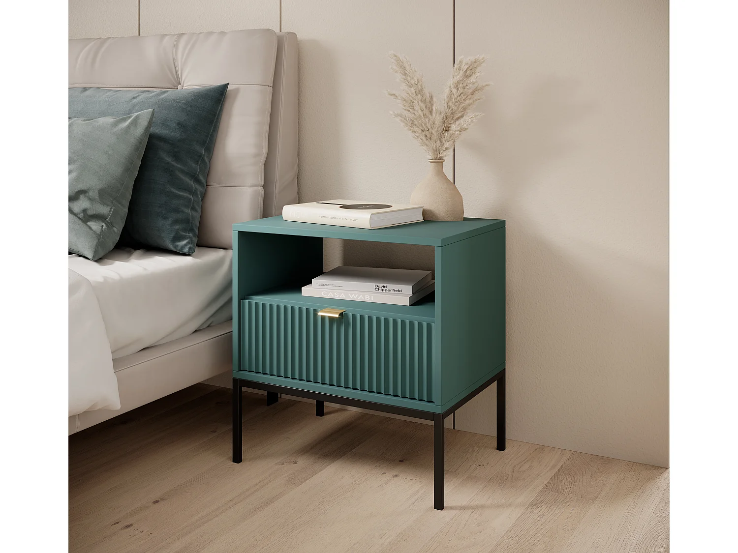 Table de Nuit Élégante Nova – Design avec poignée dorée, Façade Geriffelt, Pratique & Moderne, 54x56x39 cm, Labrador mat, Pieds métal noirs