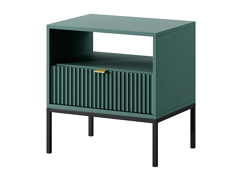 Stolik Nocny Elegancki Nova – Design z złotym uchwytem, fasada Geriffelt, praktyczny i nowoczesny, 54x56x39 cm, matowy labrador, czarne metalowe nogi