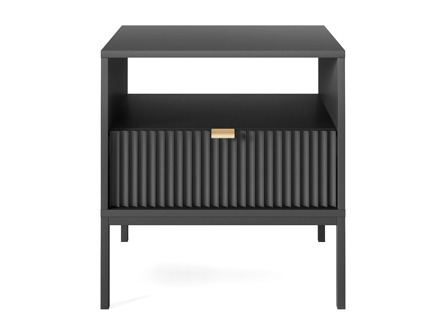 Stolik Nocny Elegancki Nova – Design z złotym uchwytem, fasada Geriffelt, praktyczny i nowoczesny, 54x56x39 cm, matowy czarny, czarne metalowe nogi