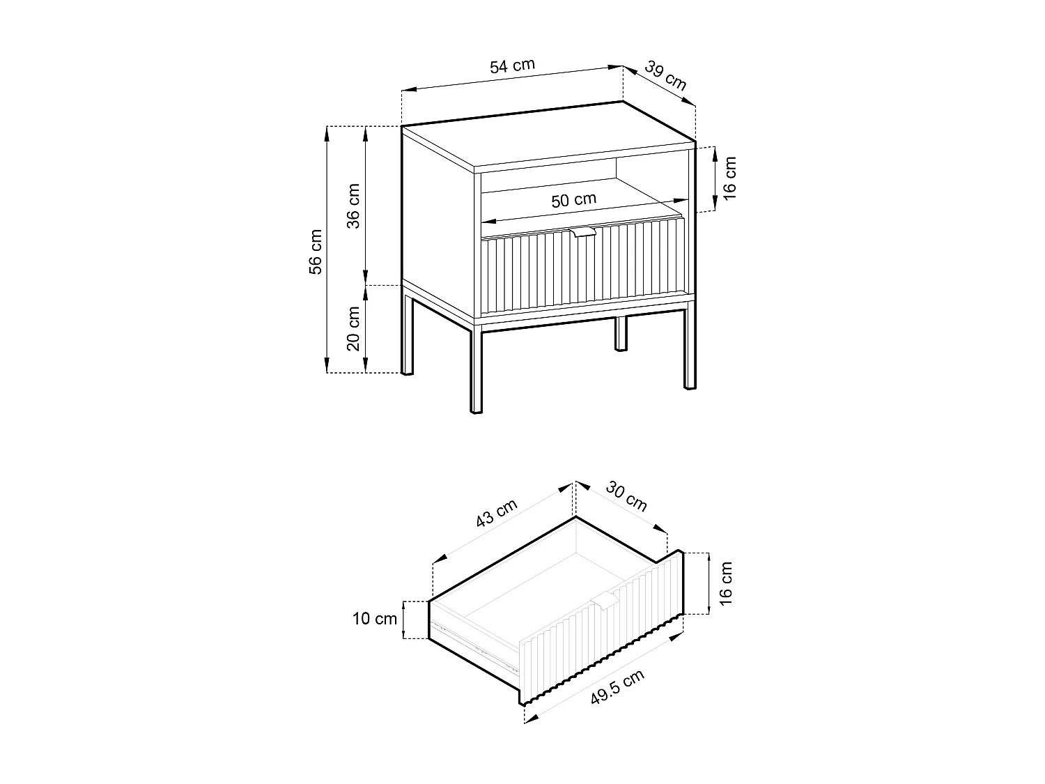 Table de Nuit Élégante Nova – Design avec poignée dorée, Façade Geriffelt, Pratique & Moderne, 54x56x39 cm, Noir mat, Pieds métal noirs