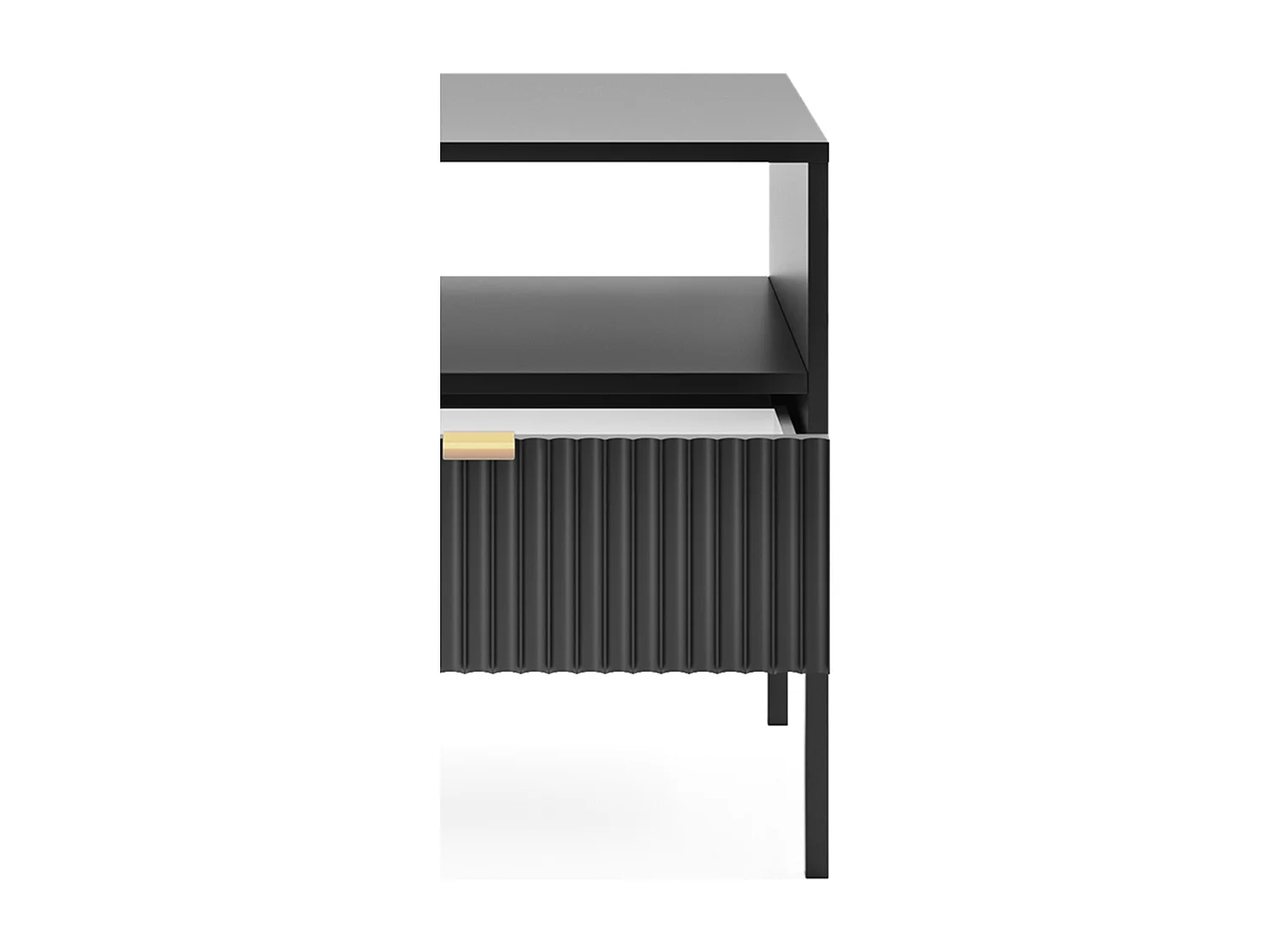 Table de Nuit Élégante Nova – Design avec poignée dorée, Façade Geriffelt, Pratique & Moderne, 54x56x39 cm, Noir mat, Pieds métal noirs