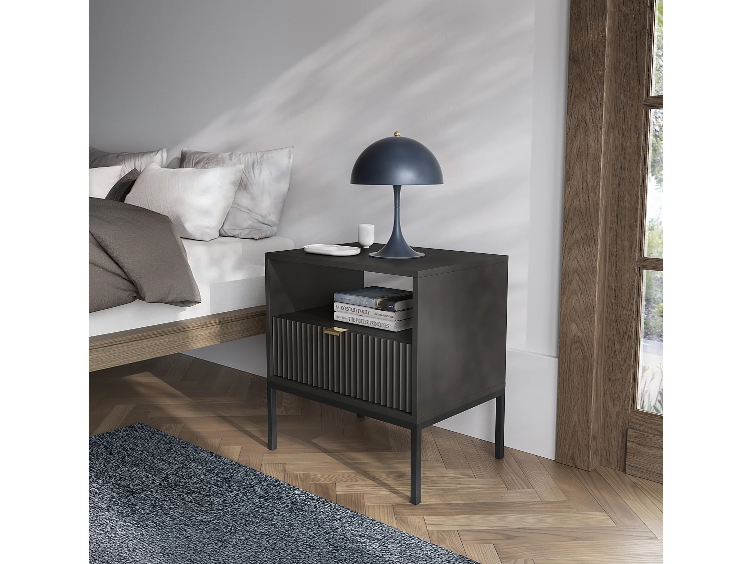 Table de Nuit Élégante Nova – Design avec poignée dorée, Façade Geriffelt, Pratique & Moderne, 54x56x39 cm, Noir mat, Pieds métal noirs