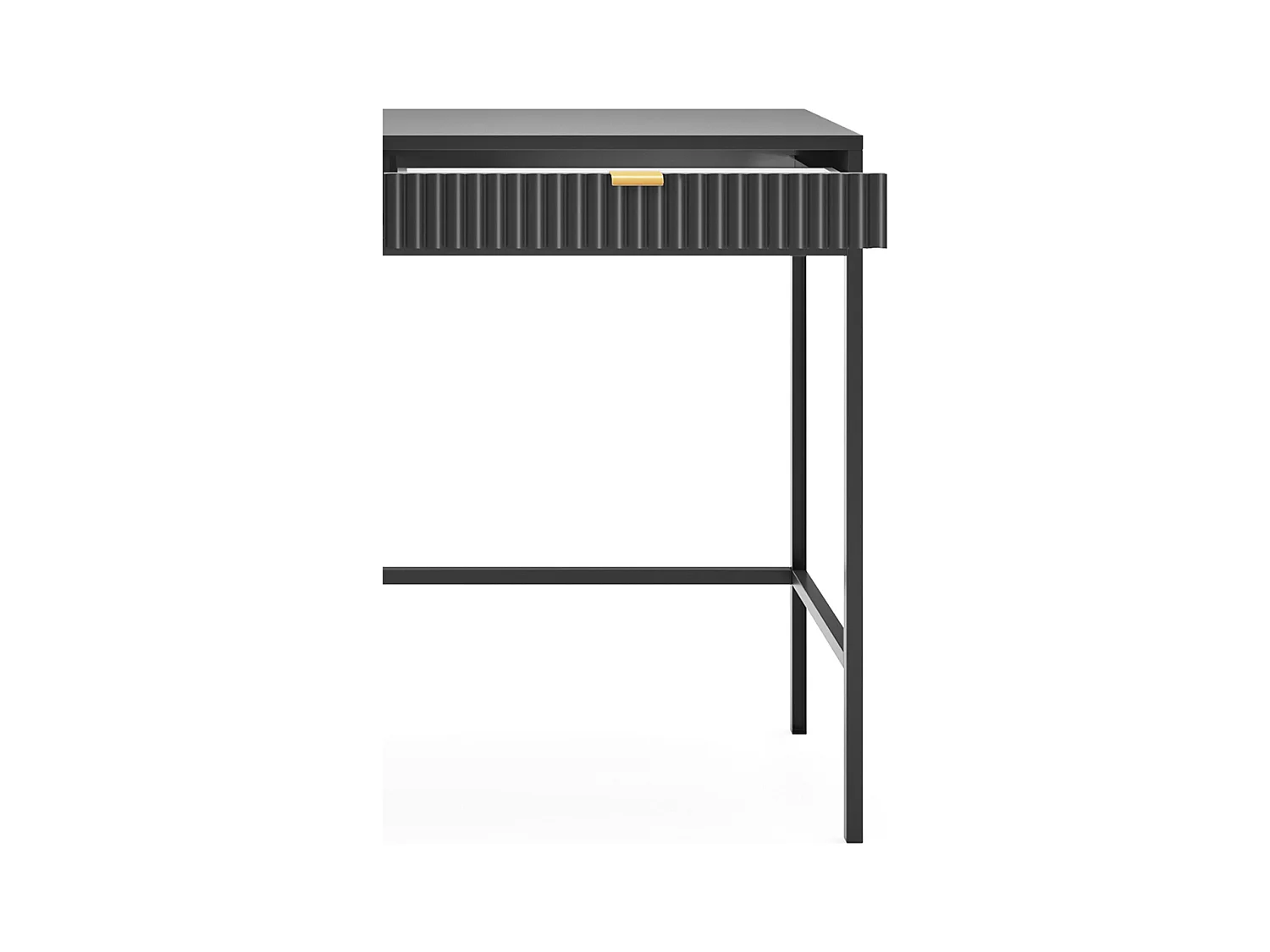 Coiffeuse Geriffelt avec poignées dorées, Cadre en acier, Bureau MDF, 2 tiroirs, Façade sculptée, 104x78x50 cm, Noir mat, Pieds métal noirs