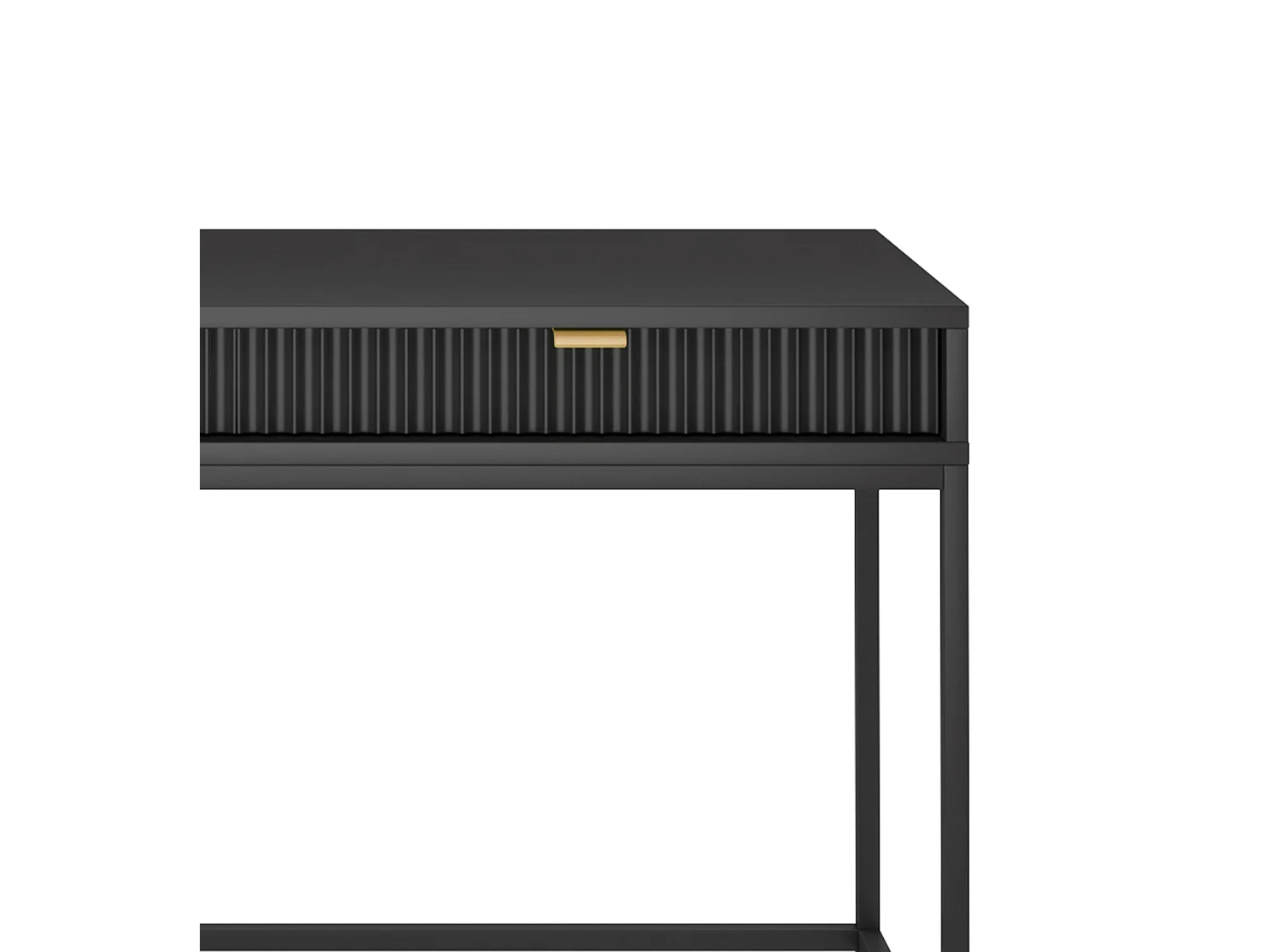 Toaletka Geriffelt z złotymi uchwytami, stalowa rama, biurko MDF, 2 szuflady, rzeźbiona fasada, 104x78x50 cm, matowa czerń, czarne metalowe nogi
