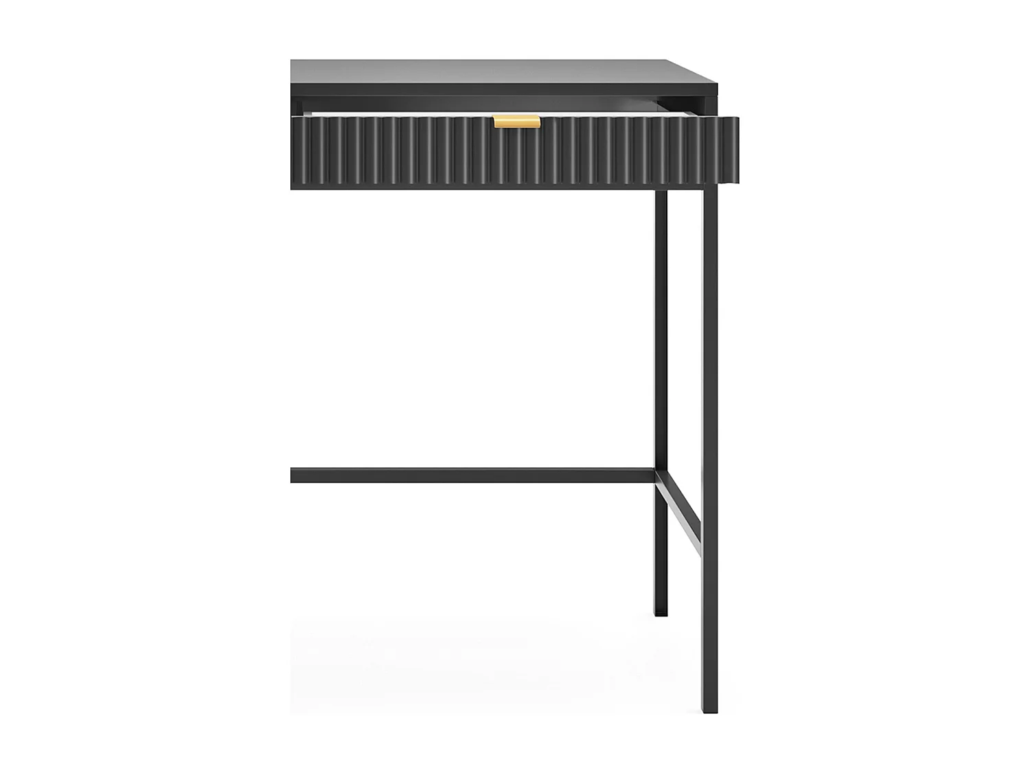 Toaletka Geriffelt z złotymi uchwytami, stalowa rama, biurko MDF, 2 szuflady, rzeźbiona fasada, 104x78x50 cm, matowa czerń, czarne metalowe nogi