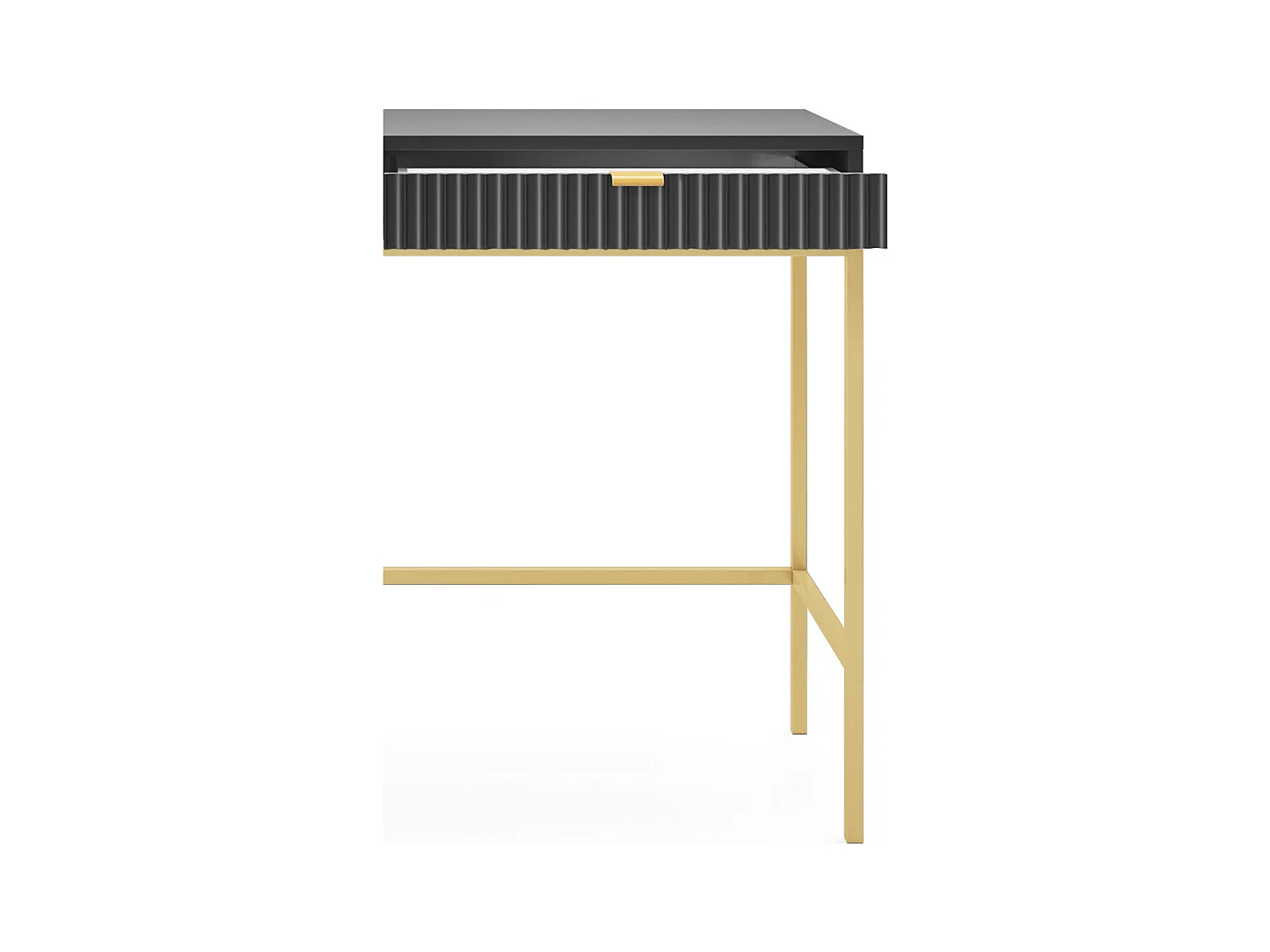 Coiffeuse Geriffelt avec poignées dorées, Cadre en acier, Bureau MDF, 2 tiroirs, Façade sculptée, 104x78x50 cm, Noir mat, Pieds métal dorés