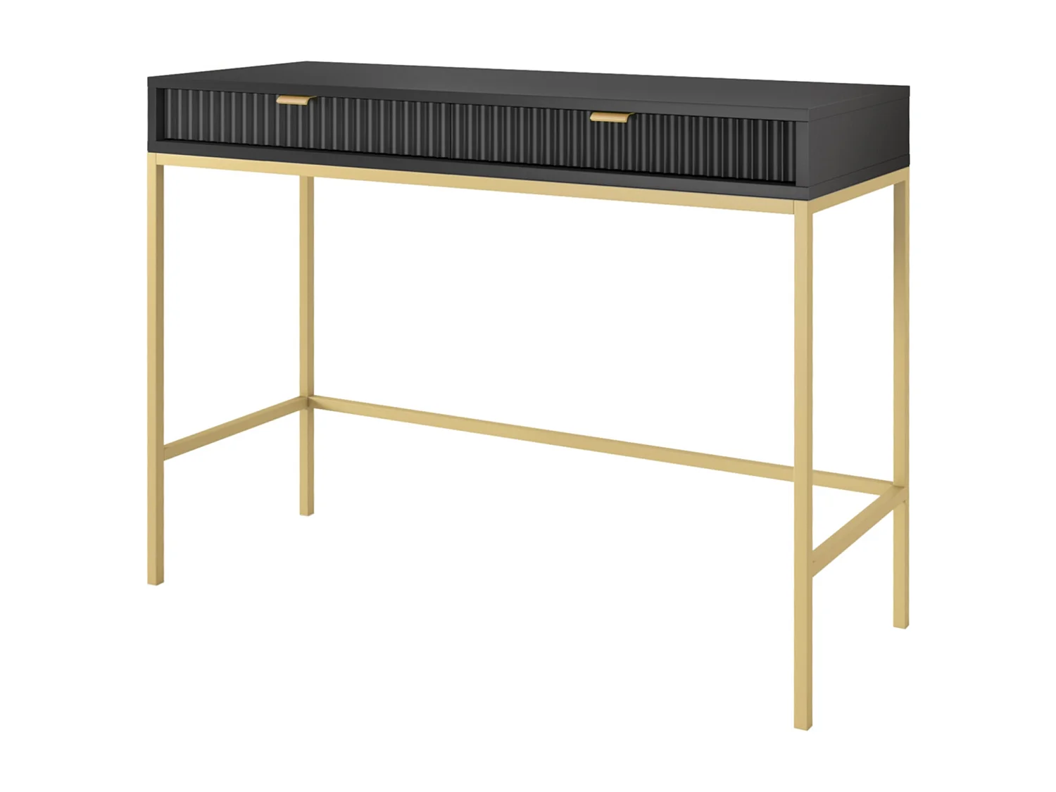 Geriffelte Schminktisch mit goldenen Griffen Stahlrahmen MDF-Schreibtisch 2 Schubladen Skulptierte Front 104x78x50cm Matt Schwarz Goldene Metallfüße