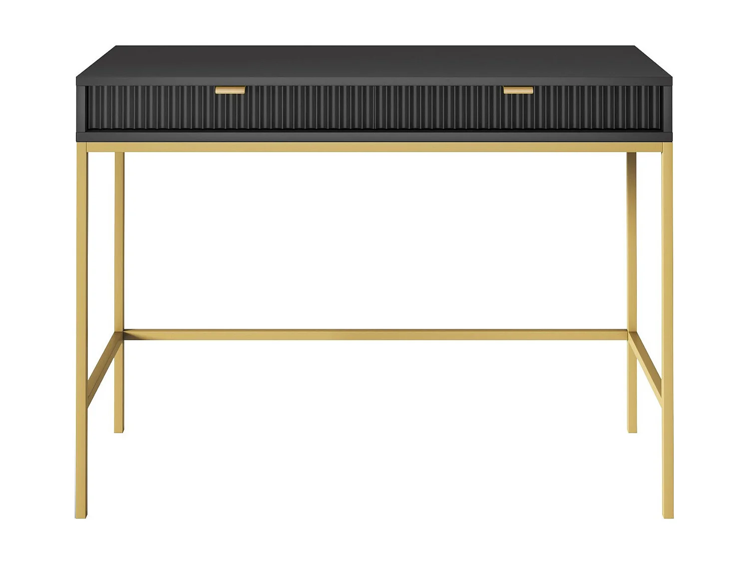 Geriffelte Schminktisch mit goldenen Griffen Stahlrahmen MDF-Schreibtisch 2 Schubladen Skulptierte Front 104x78x50cm Matt Schwarz Goldene Metallfüße