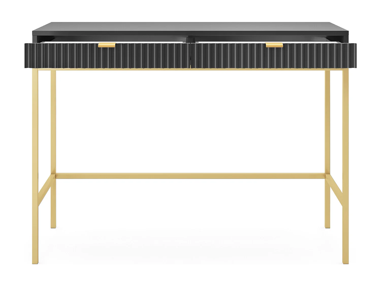 Geriffelte Schminktisch mit goldenen Griffen Stahlrahmen MDF-Schreibtisch 2 Schubladen Skulptierte Front 104x78x50cm Matt Schwarz Goldene Metallfüße
