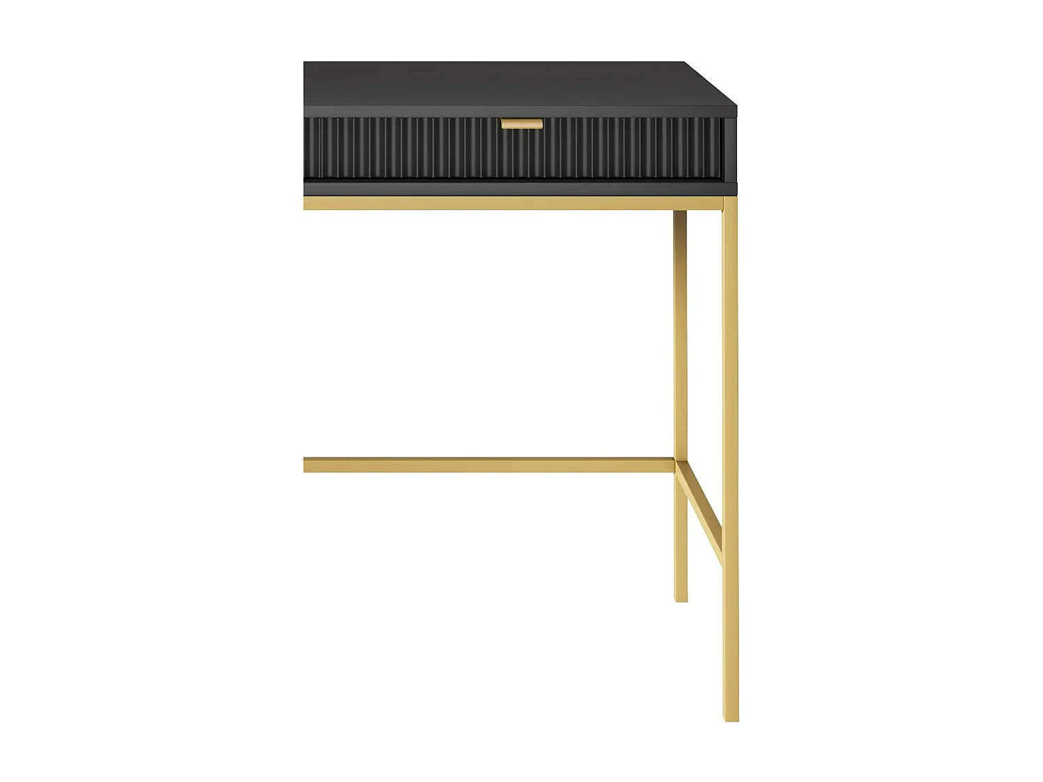 Geriffelte Schminktisch mit goldenen Griffen Stahlrahmen MDF-Schreibtisch 2 Schubladen Skulptierte Front 104x78x50cm Matt Schwarz Goldene Metallfüße