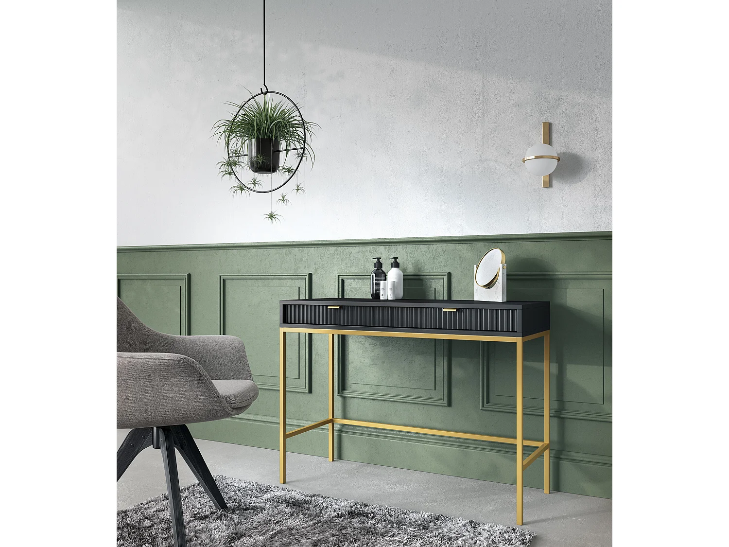 Geriffelte Schminktisch mit goldenen Griffen Stahlrahmen MDF-Schreibtisch 2 Schubladen Skulptierte Front 104x78x50cm Matt Schwarz Goldene Metallfüße