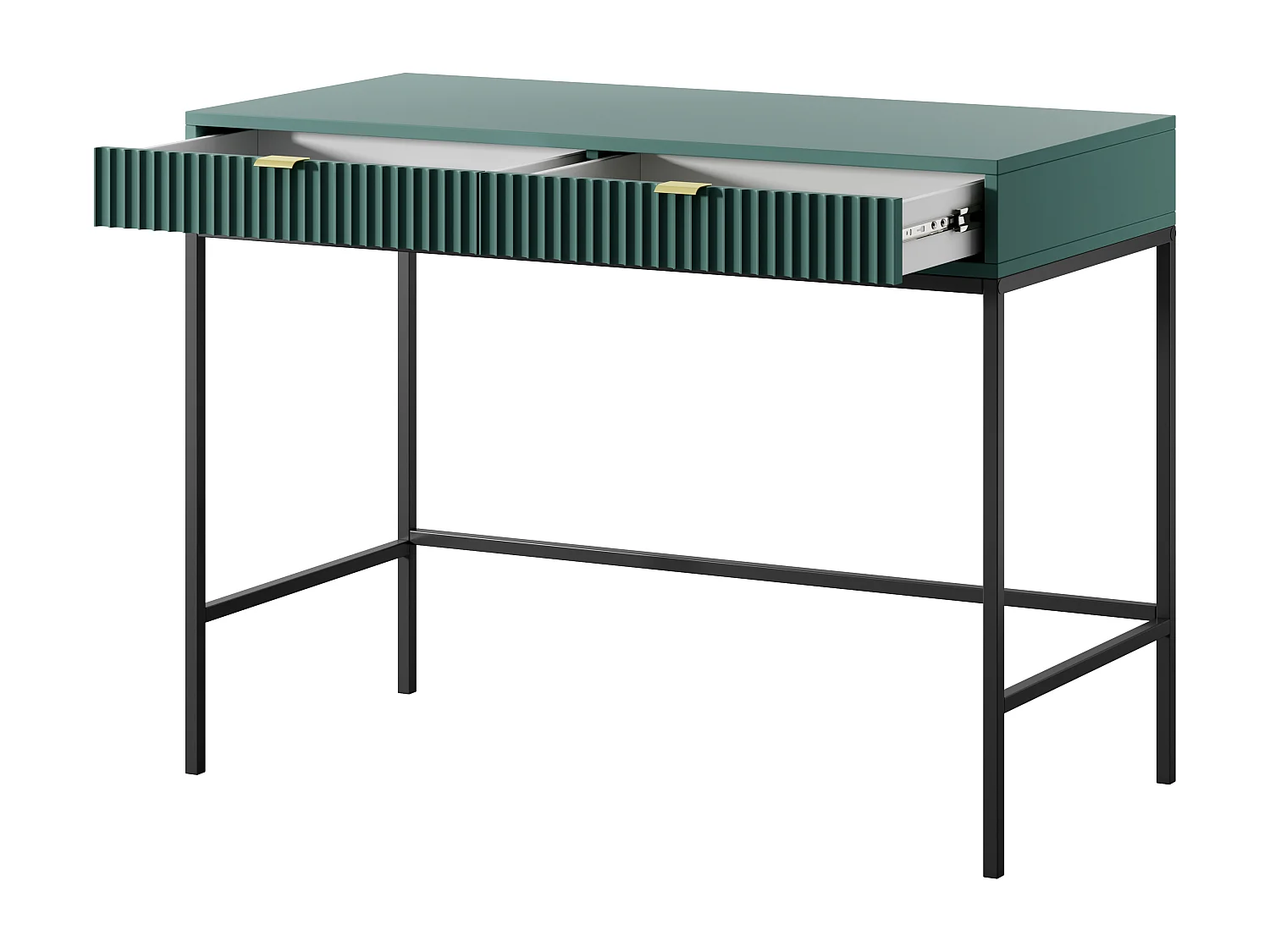 Geriffelde kaptafel met gouden handgrepen, Stalen frame, MDF bureau, 2 lades, Gesculpteerde voorkant, 104x78x50 cm, Mat labrador, Zwarte metalen poten
