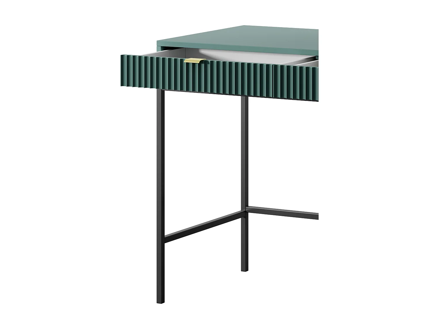 Geriffelde kaptafel met gouden handgrepen, Stalen frame, MDF bureau, 2 lades, Gesculpteerde voorkant, 104x78x50 cm, Mat labrador, Zwarte metalen poten