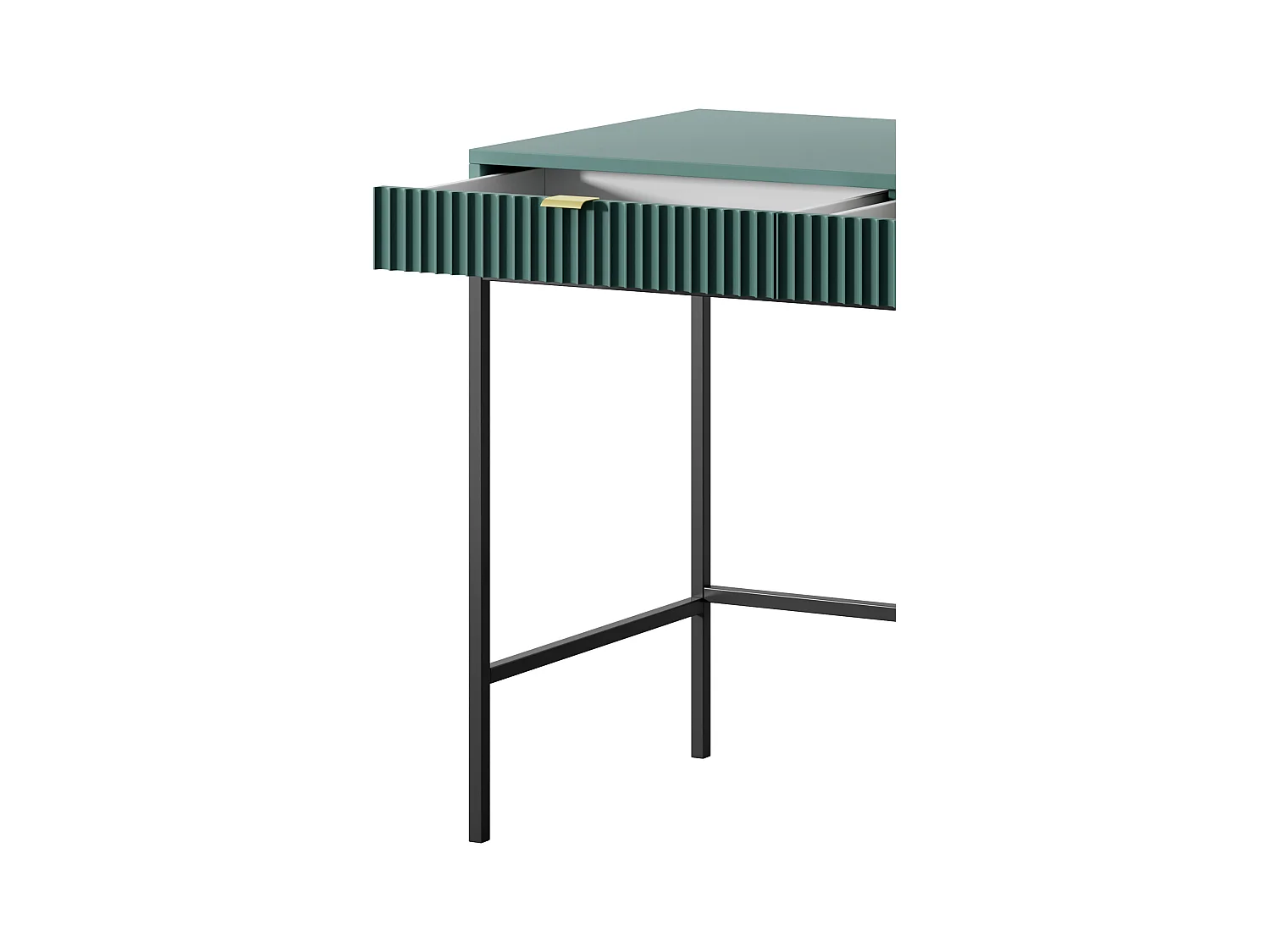 Coiffeuse Geriffelt avec poignées dorées, Cadre en acier, Bureau MDF, 2 tiroirs, Façade sculptée, 104x78x50 cm, Labrador mat, Pieds métal noirs