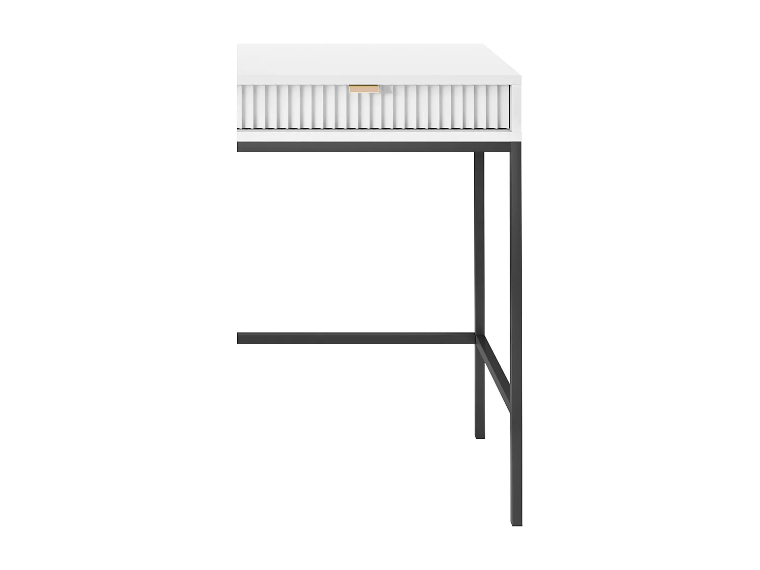 Geriffelde kaptafel met gouden handgrepen, Stalen frame, MDF bureau, 2 lades, Gesculpteerde voorkant, 104x78x50 cm, Mat wit, Zwarte metalen poten