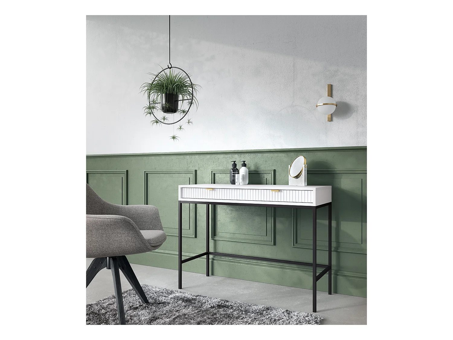 Geriffelde kaptafel met gouden handgrepen, Stalen frame, MDF bureau, 2 lades, Gesculpteerde voorkant, 104x78x50 cm, Mat wit, Zwarte metalen poten