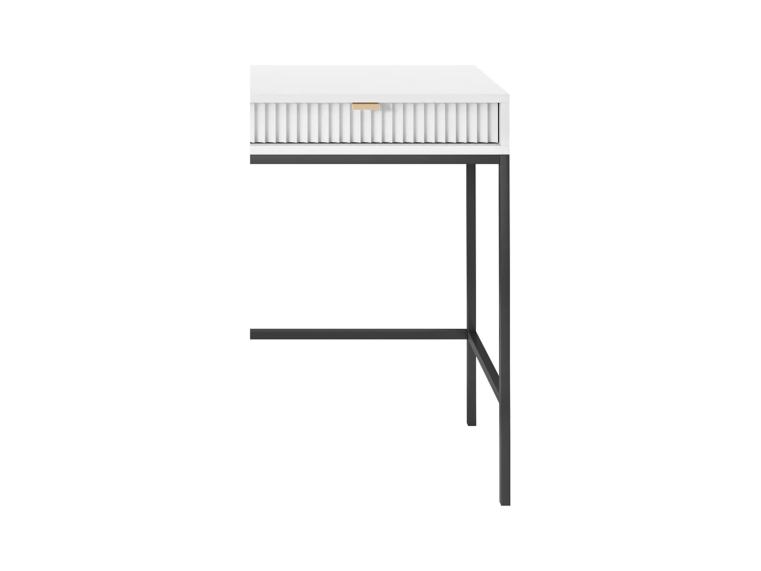 Coiffeuse Geriffelt avec poignées dorées, Cadre en acier, Bureau MDF, 2 tiroirs, Façade sculptée, 104x78x50 cm, Blanc mat, Pieds métal noirs