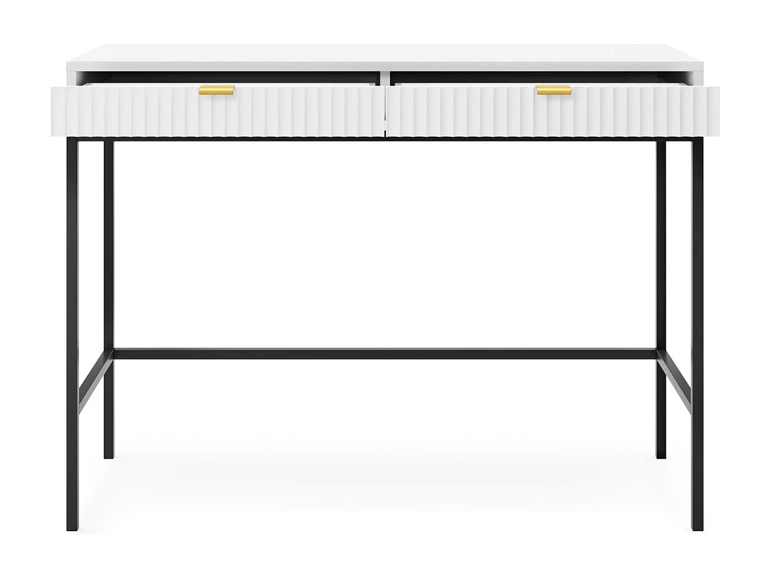 Toaletka Geriffelt z złotymi uchwytami, stalowa rama, biurko MDF, 2 szuflady, rzeźbiona fasada, 104x78x50 cm, matowa biel, czarne metalowe nogi