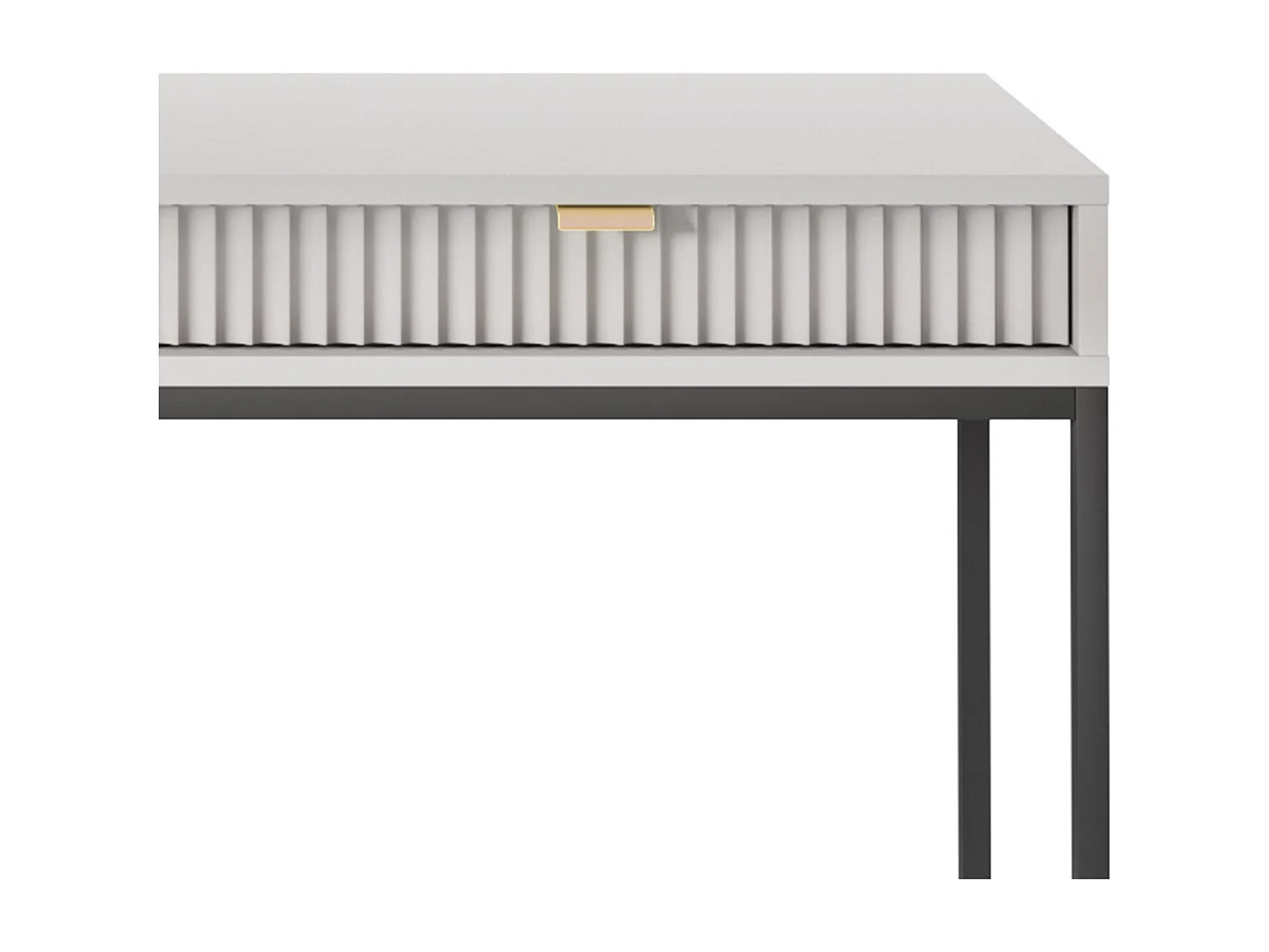 Geriffelde kaptafel met gouden handgrepen, Stalen frame, MDF bureau, 2 lades, Gesculpteerde voorkant, 104x78x50 cm, Mat grijs, Zwarte metalen poten