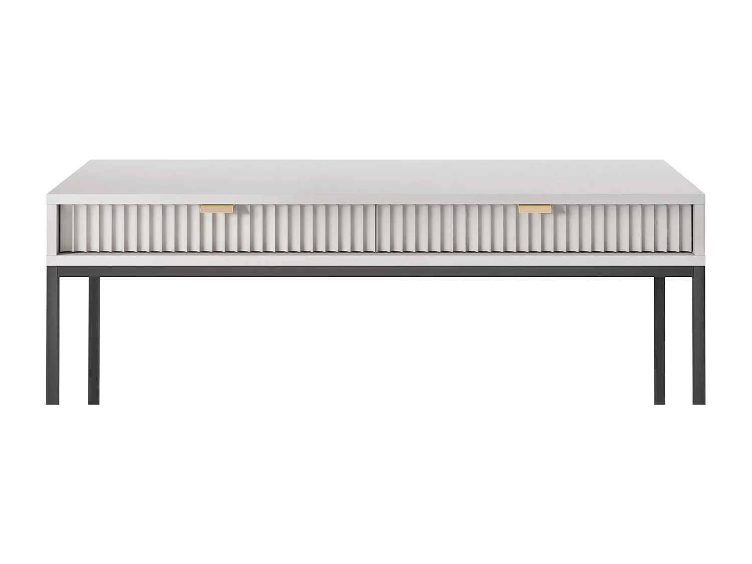 Geriffelde kaptafel met gouden handgrepen, Stalen frame, MDF bureau, 2 lades, Gesculpteerde voorkant, 104x78x50 cm, Mat grijs, Zwarte metalen poten