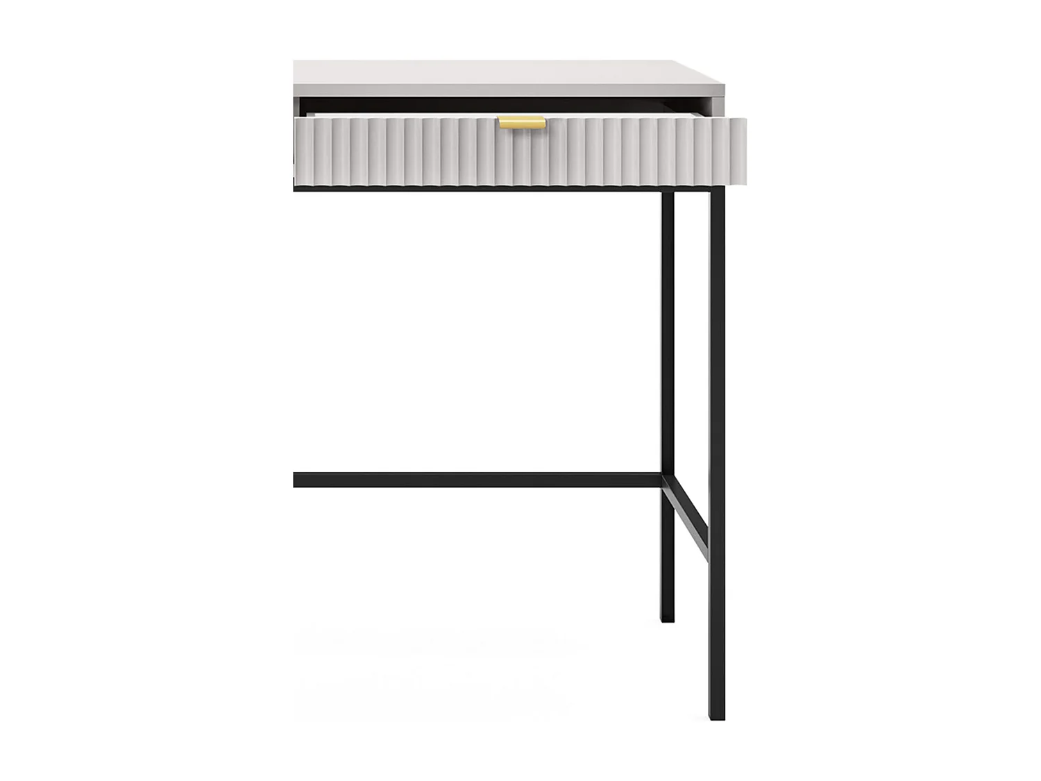 Geriffelde kaptafel met gouden handgrepen, Stalen frame, MDF bureau, 2 lades, Gesculpteerde voorkant, 104x78x50 cm, Mat grijs, Zwarte metalen poten