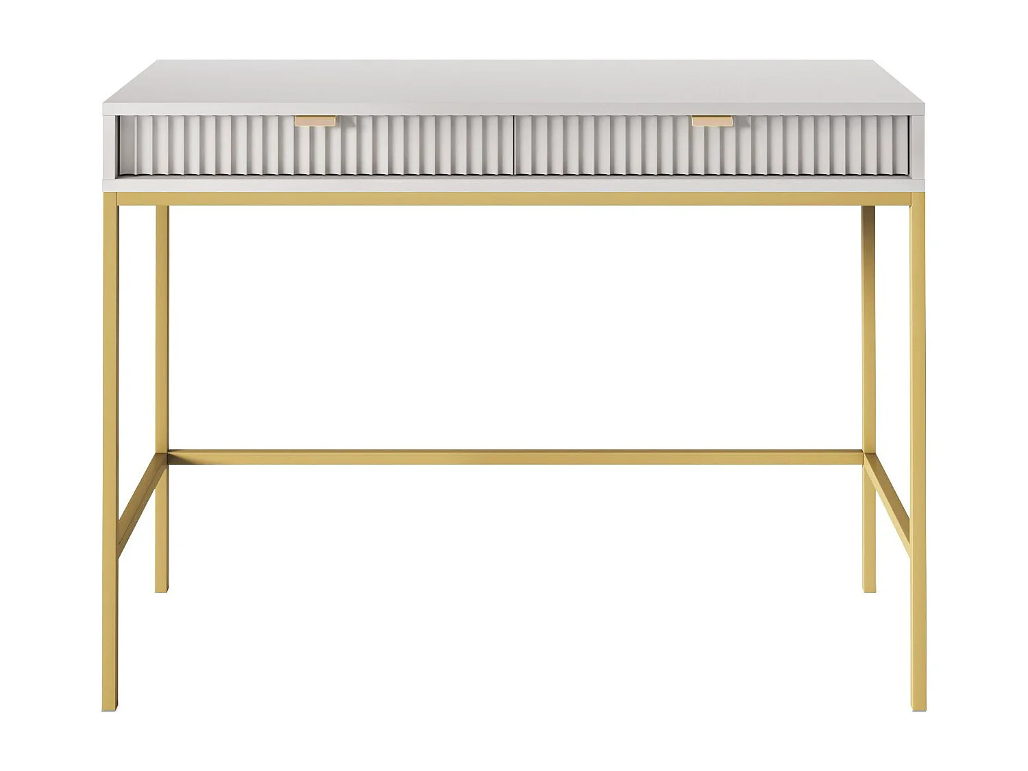 Geriffelde kaptafel met gouden handgrepen, Stalen frame, MDF bureau, 2 lades, Gesculpteerde voorkant, 104x78x50 cm, Mat grijs, Gouden metalen poten