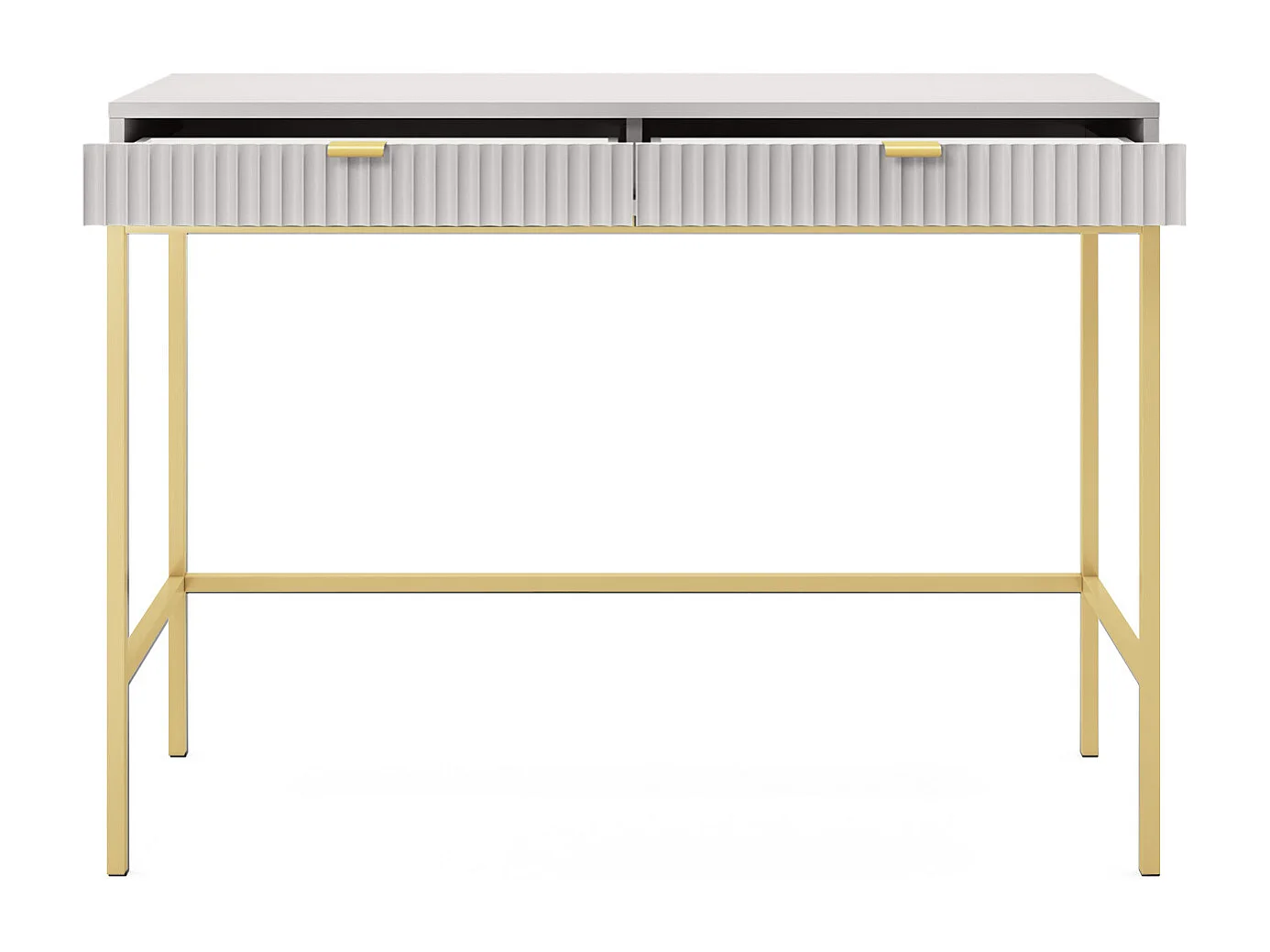 Geriffelde kaptafel met gouden handgrepen, Stalen frame, MDF bureau, 2 lades, Gesculpteerde voorkant, 104x78x50 cm, Mat grijs, Gouden metalen poten