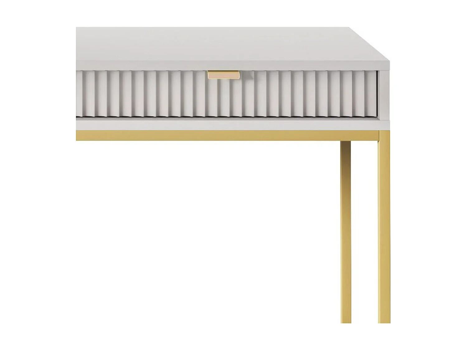 Geriffelte Schminktisch mit goldenen Griffen Stahlrahmen MDF-Schreibtisch 2 Schubladen Skulptierte Front 104x78x50cm Matt Grau Goldene Metallfüße