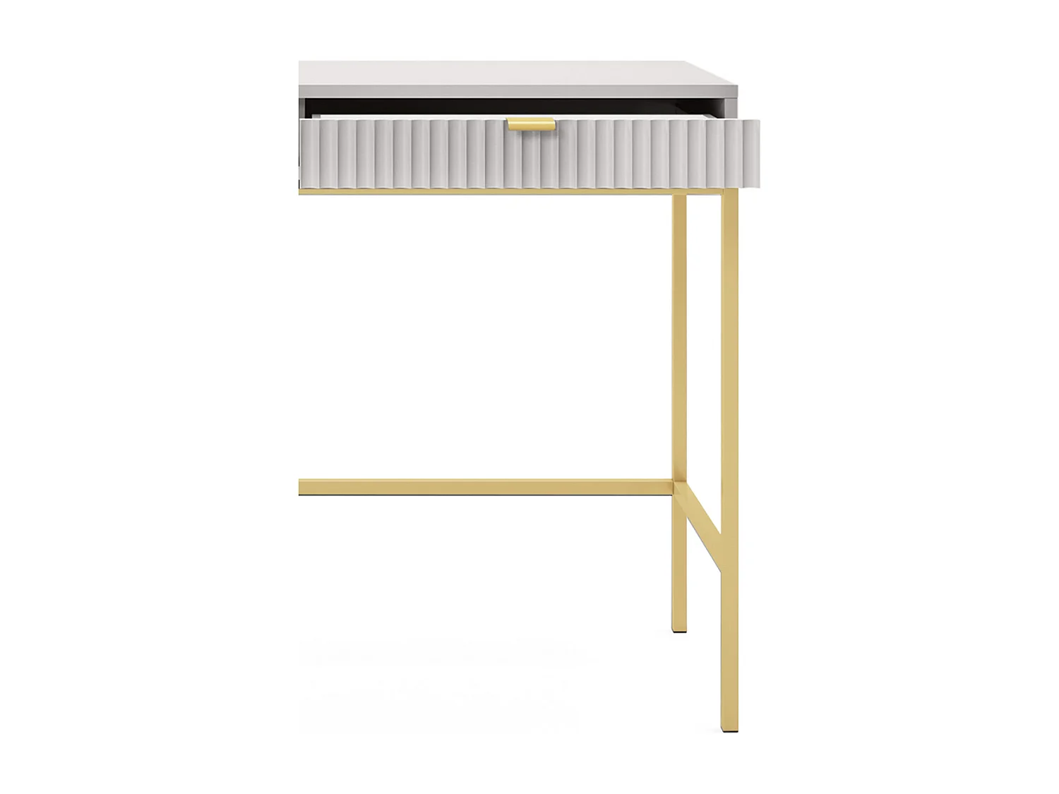 Geriffelte Schminktisch mit goldenen Griffen Stahlrahmen MDF-Schreibtisch 2 Schubladen Skulptierte Front 104x78x50cm Matt Grau Goldene Metallfüße