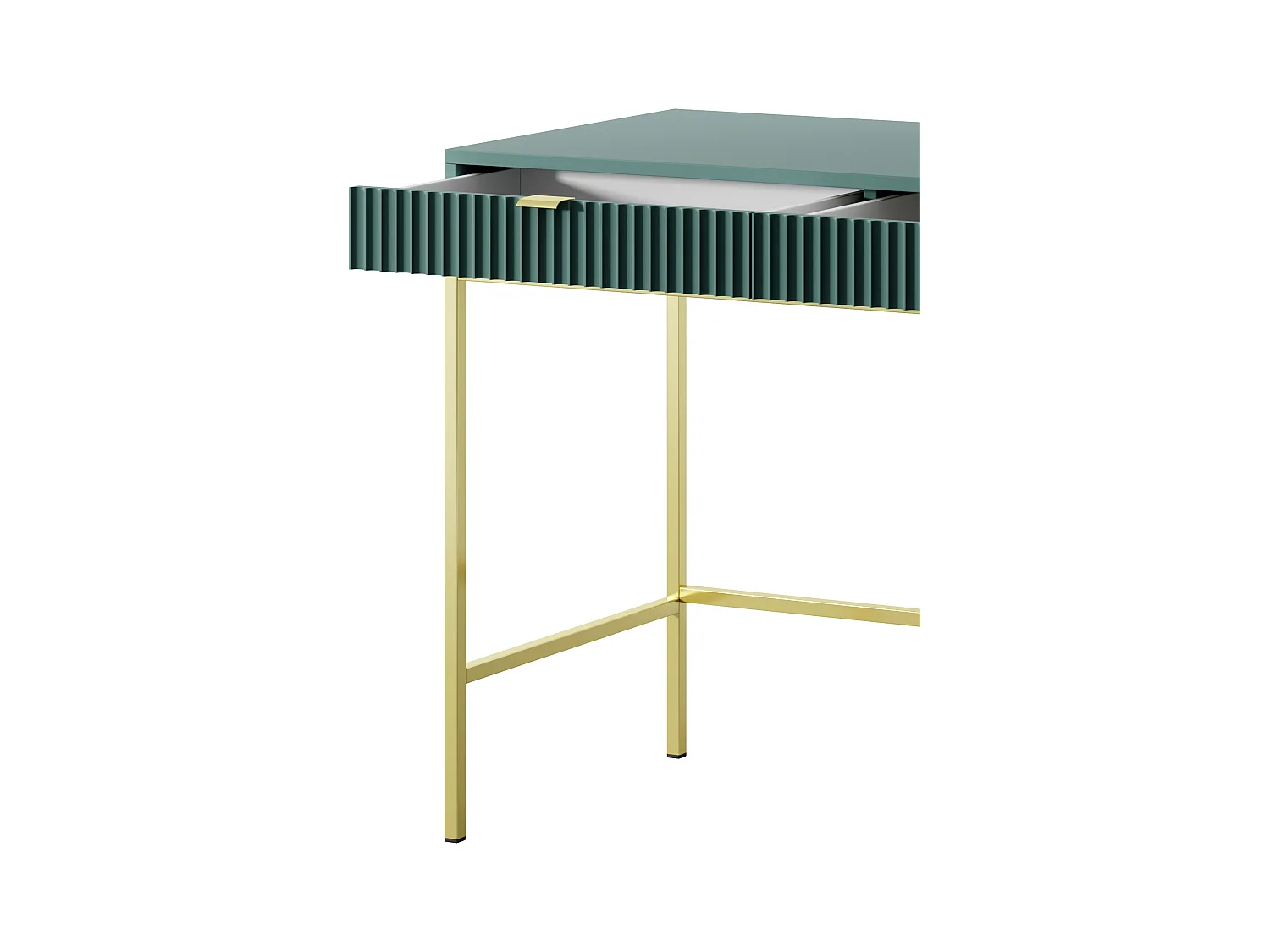 Coiffeuse Geriffelt avec poignées dorées, Cadre en acier, Bureau MDF, 2 tiroirs, Façade sculptée, 104x78x50 cm, Labrador mat, Pieds métal dorés