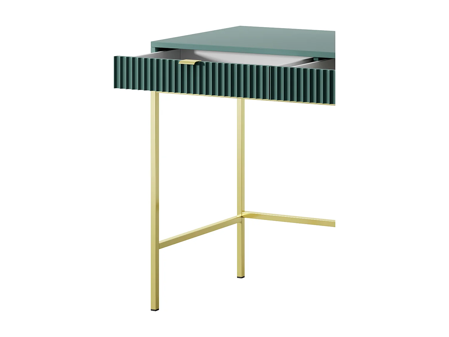 Geriffelte Schminktisch mit goldenen Griffen Stahlrahmen MDF-Schreibtisch 2 Schubladen Skulptierte Front 104x78x50cm Matt Labrador Goldene Metallfüße