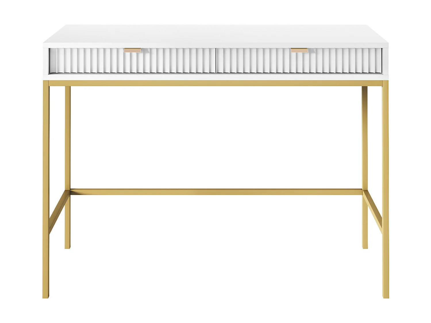 Geriffelde kaptafel met gouden handgrepen, Stalen frame, MDF bureau, 2 lades, Gesculpteerde voorkant, 104x78x50 cm, Mat wit, Gouden metalen poten