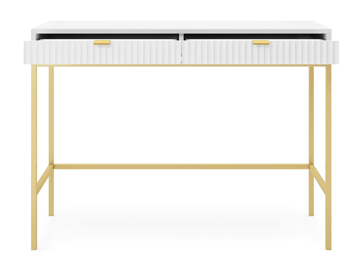 Geriffelde kaptafel met gouden handgrepen, Stalen frame, MDF bureau, 2 lades, Gesculpteerde voorkant, 104x78x50 cm, Mat wit, Gouden metalen poten
