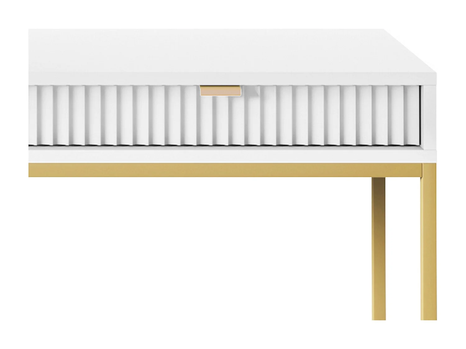 Geriffelde kaptafel met gouden handgrepen, Stalen frame, MDF bureau, 2 lades, Gesculpteerde voorkant, 104x78x50 cm, Mat wit, Gouden metalen poten