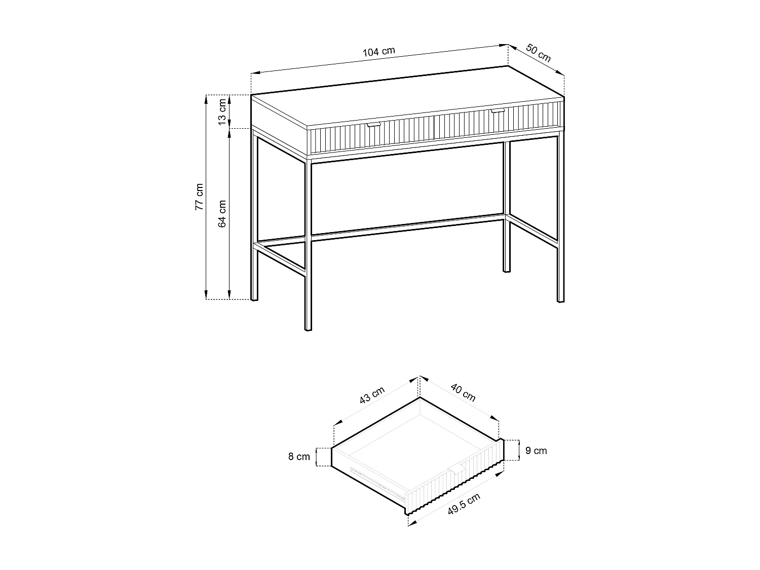 Geriffelde kaptafel met gouden handgrepen, Stalen frame, MDF bureau, 2 lades, Gesculpteerde voorkant, 104x78x50 cm, Mat wit, Gouden metalen poten