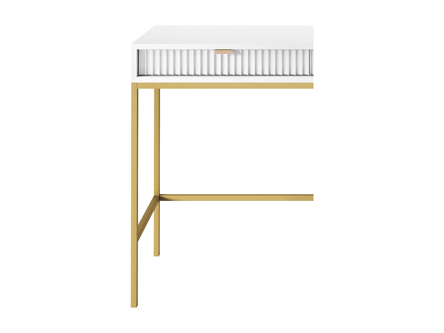 Geriffelde kaptafel met gouden handgrepen, Stalen frame, MDF bureau, 2 lades, Gesculpteerde voorkant, 104x78x50 cm, Mat wit, Gouden metalen poten