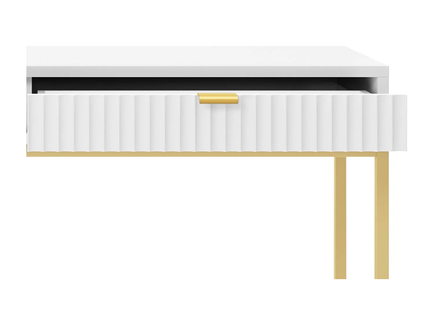 Geriffelde kaptafel met gouden handgrepen, Stalen frame, MDF bureau, 2 lades, Gesculpteerde voorkant, 104x78x50 cm, Mat wit, Gouden metalen poten