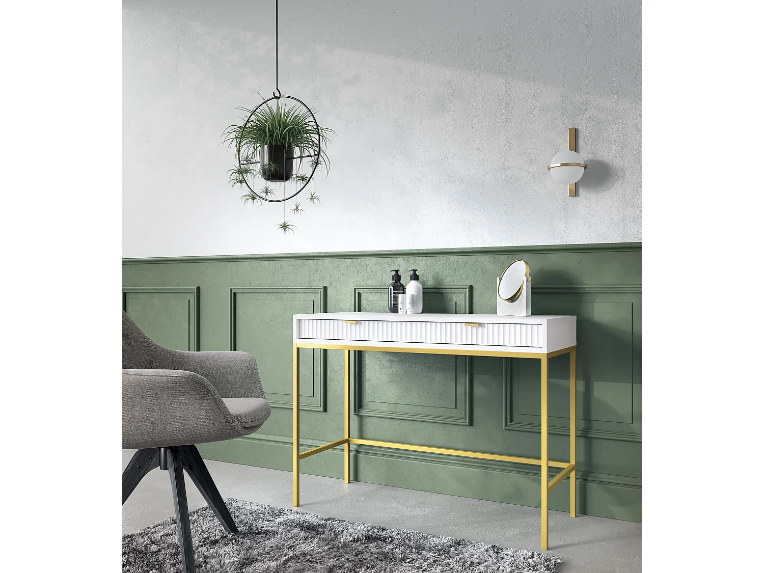 Geriffelde kaptafel met gouden handgrepen, Stalen frame, MDF bureau, 2 lades, Gesculpteerde voorkant, 104x78x50 cm, Mat wit, Gouden metalen poten