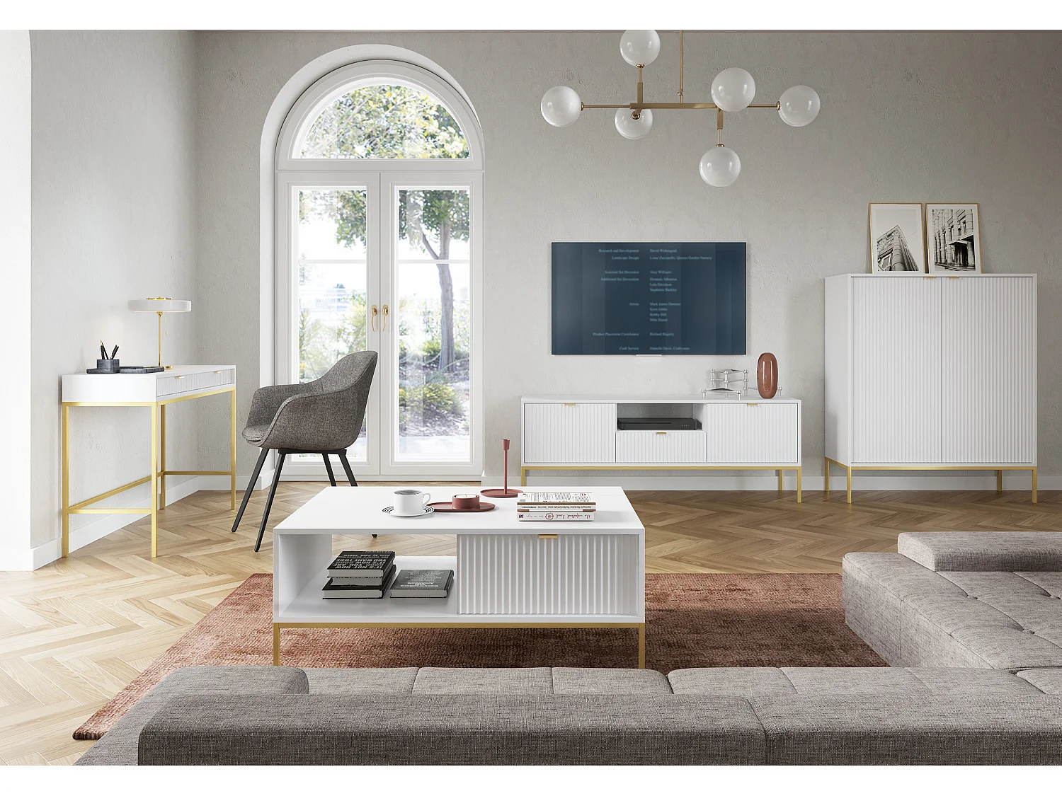 Geriffelde kaptafel met gouden handgrepen, Stalen frame, MDF bureau, 2 lades, Gesculpteerde voorkant, 104x78x50 cm, Mat wit, Gouden metalen poten