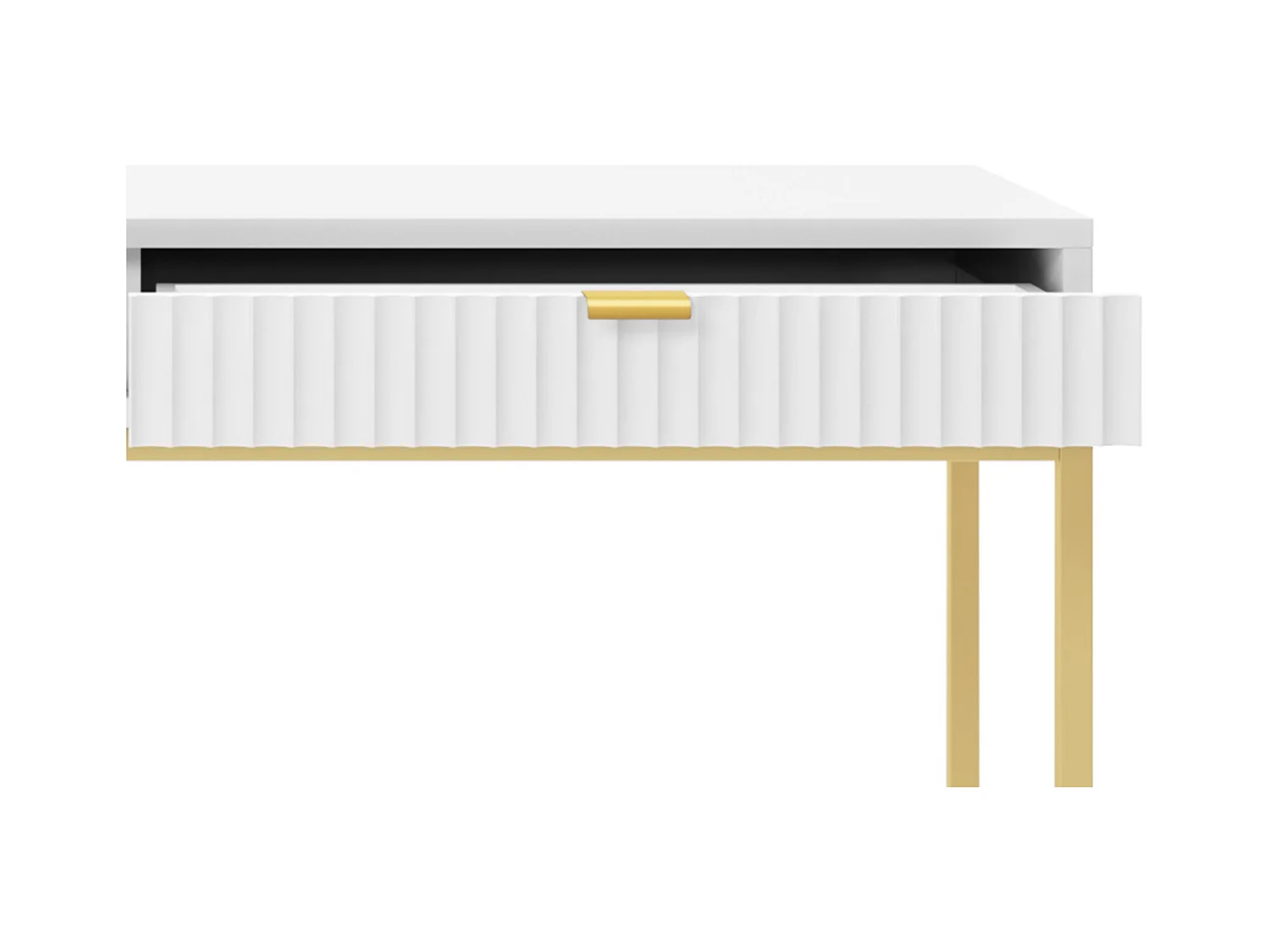 Geriffelte Schminktisch mit goldenen Griffen Stahlrahmen MDF-Schreibtisch 2 Schubladen Skulptierte Front 104x78x50cm Matt Weiß Goldene Metallfüße