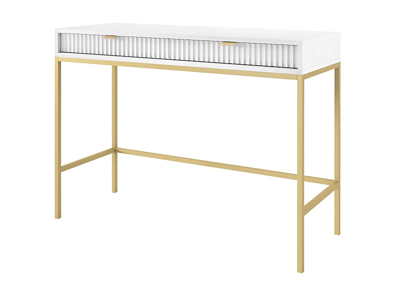 Coiffeuse Geriffelt avec poignées dorées, Cadre en acier, Bureau MDF, 2 tiroirs, Façade sculptée, 104x78x50 cm, Blanc mat, Pieds métal dorés