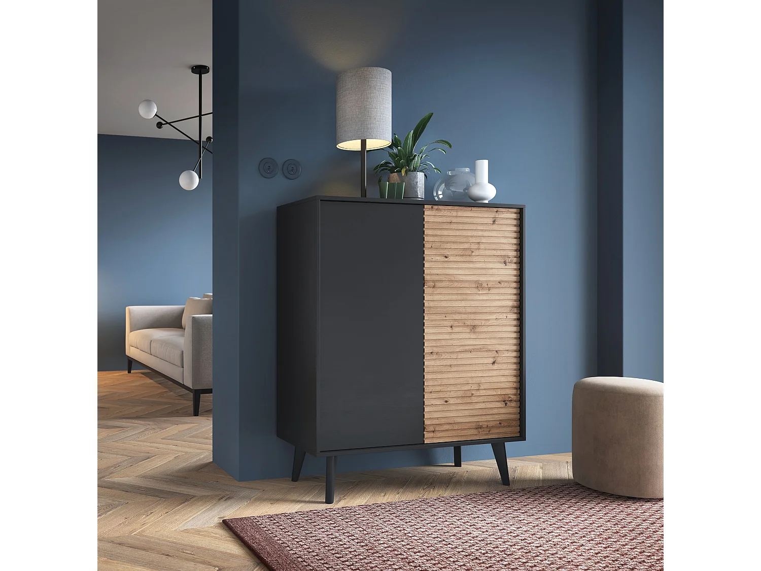 Buffet WILLOW KD-104 – 104 cm Largeur, 125 cm Hauteur, 39 cm Profondeur, 2 Portes, Noir Chêne Artisan, Cadre Métallique Stable